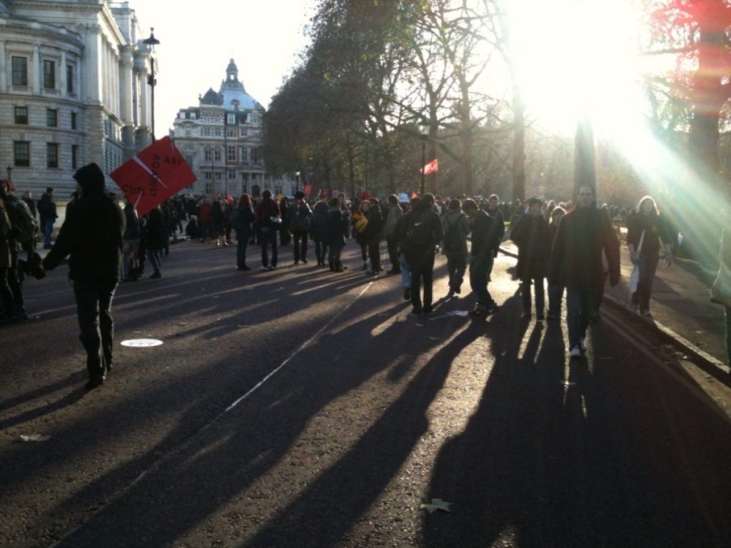 Student protestors march through London last year: The anger against tuition fees has played into the campaign against the New College of Humanities (NCH). 