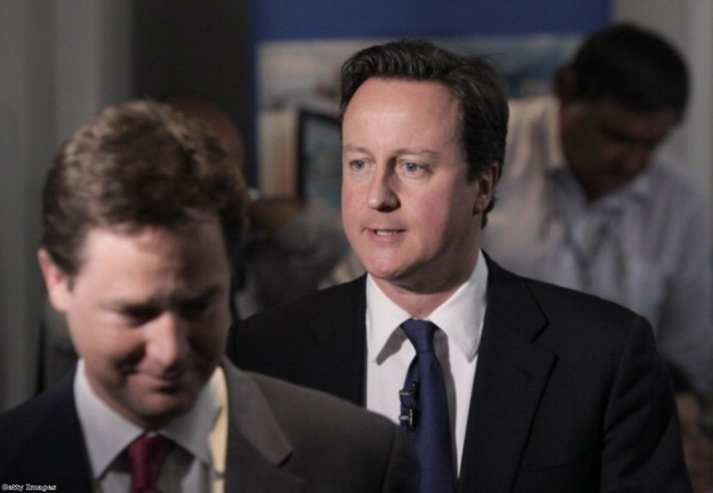 David Cameron and Nick Clegg leave a Q+A session on the NHS last month. Photo: Getty Images