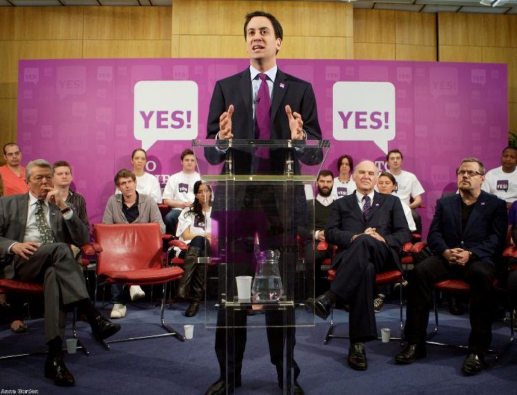 Ed Miliband with (l to r) Alan Johnson, Vince Cable and Eddie Izzard. Photo: Anna Gordon