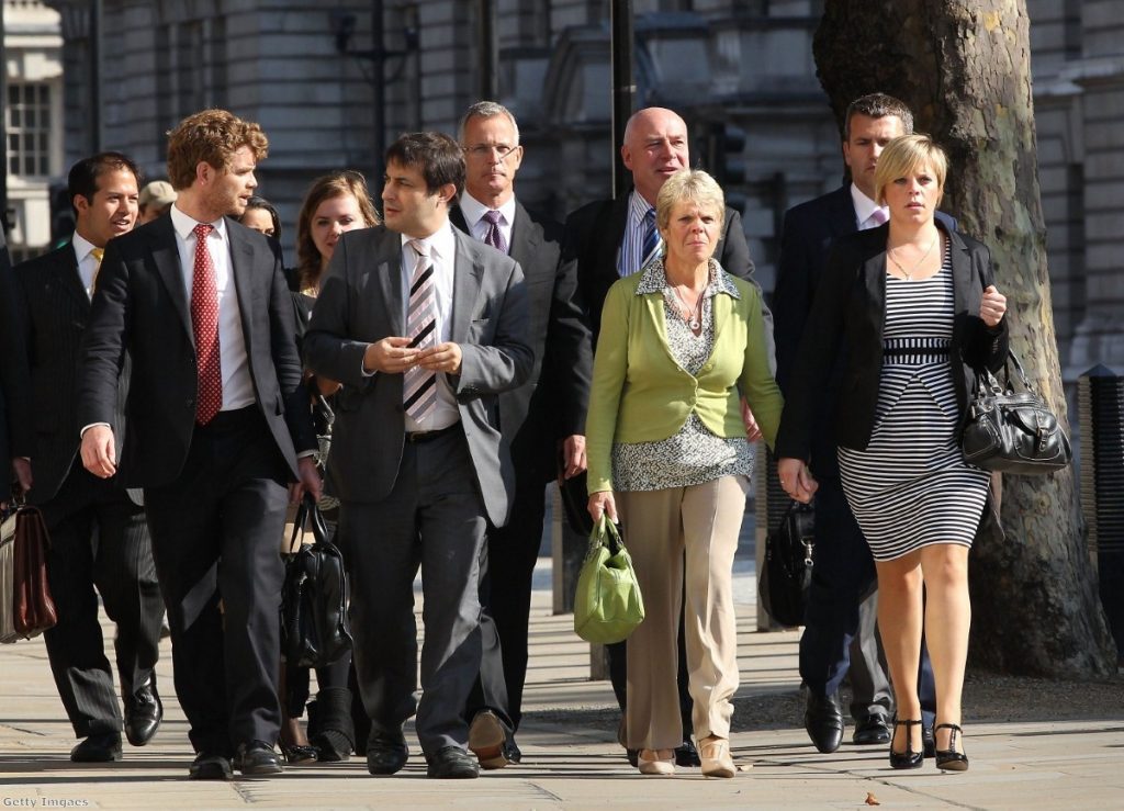 The Dowler family head to their meeting with Nick Clegg, accompanied by former police commander Brian Paddick and former Lib Dem MP Evan Harris.Photo: Getty Images