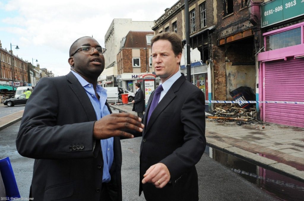 David Lammy (l) with deputy PM Nick Clegg on the streets of riot-hit Tottenham