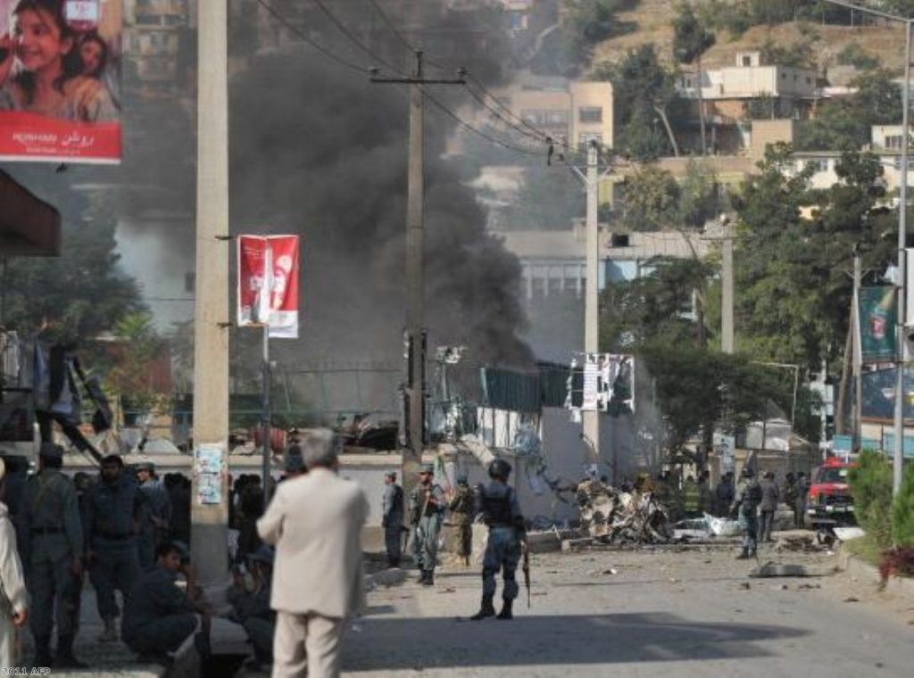 Afghan security personnel gather at the British Council Kabul. Photo:Getty Images