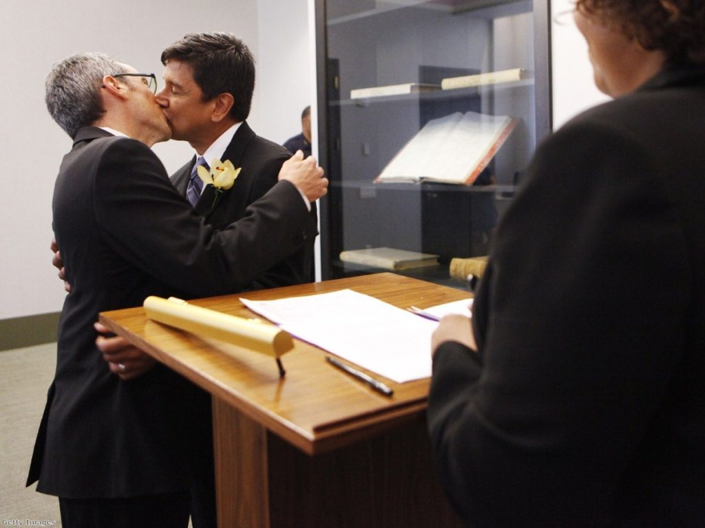 A gay couple marry in New York. Moves to legalise gay marriage in Scotland have triggered an unseating strategy 