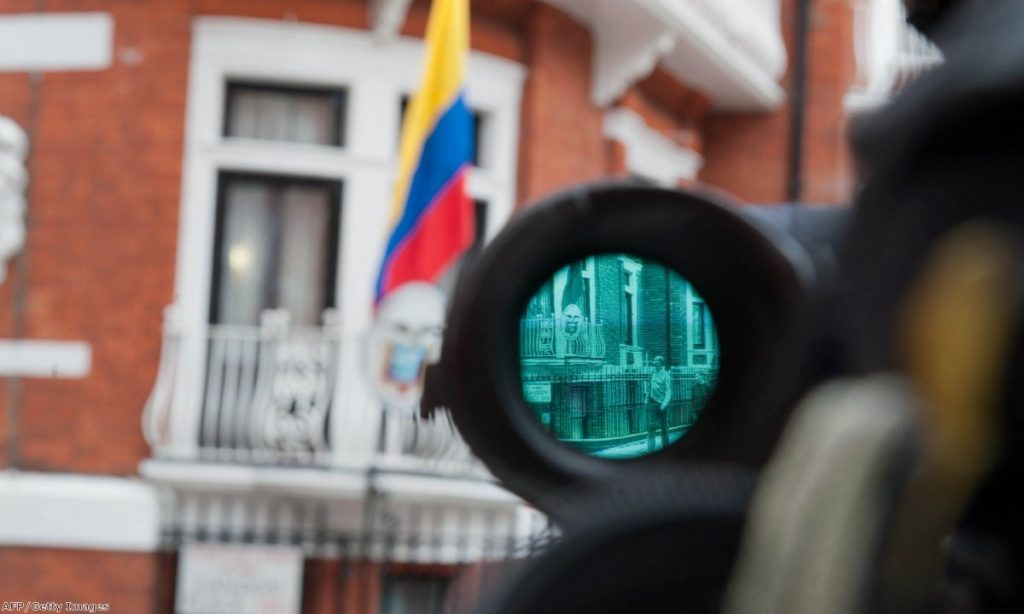 A television camera points at the main door of the Ecuadorian embassy, where WikiLeaks founder Julian Assange is staying 