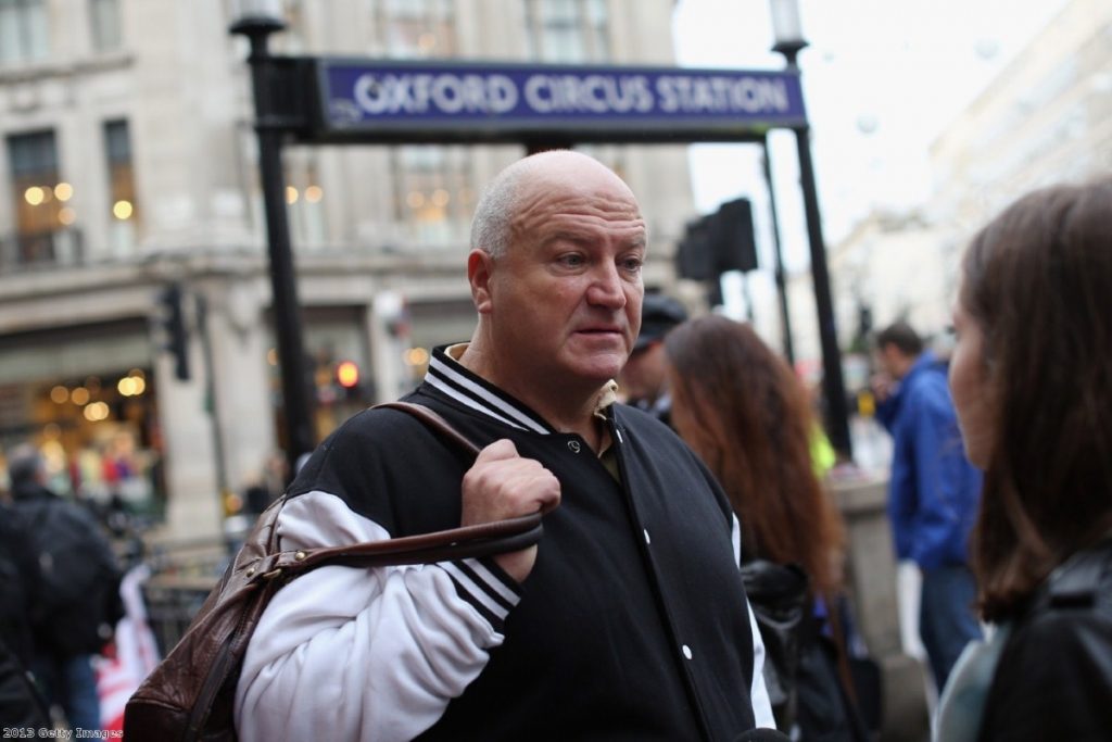 Bob Crow protests outside Oxford Circus station against plans to cut jobs and close ticket offices. 