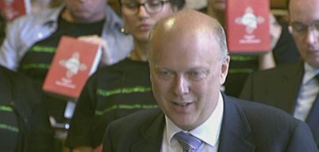 Protestors old up books during an evidence session with Chris Grayling  