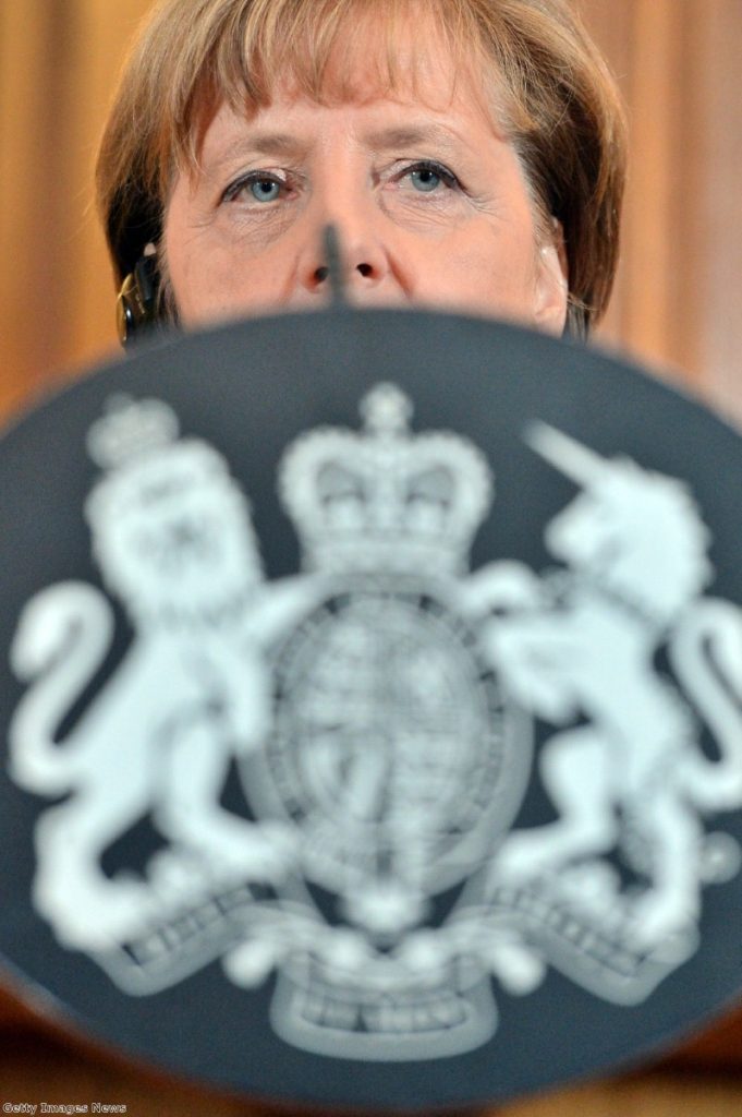 Merkel speaks during her joint press conference with Cameron yesterday