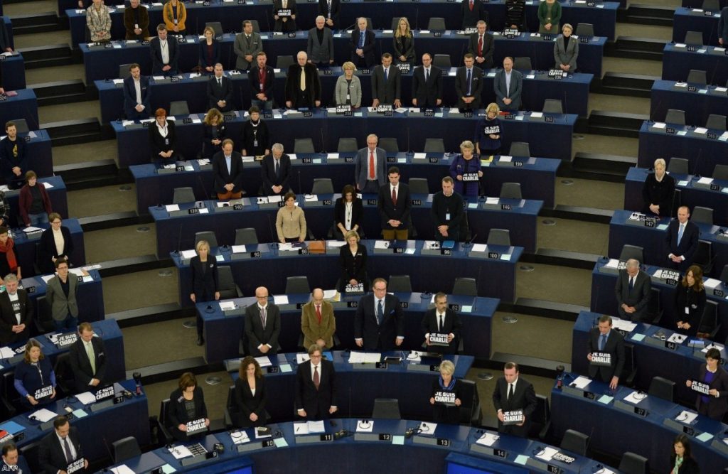 Members of the European parliament hold 'Je Suis Charlie' signs last month. But bravery on drug laws is often lacking on the continent.