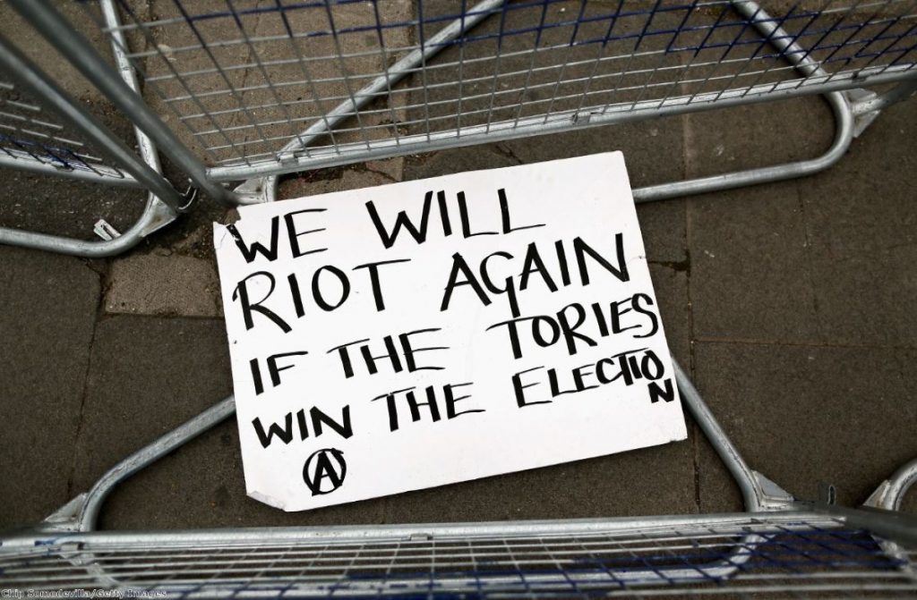 Trouble ahead? A sign left over from yesterday's anarchist protest