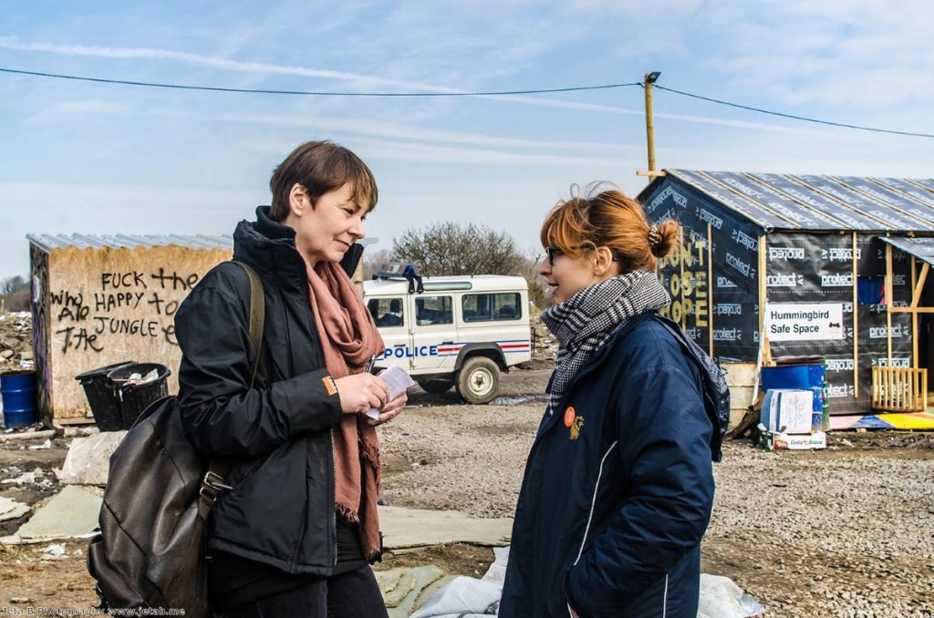 Caroline Lucas in the Calais camp last year. The Green party leader is standing up for a deal which allows continued free movement. 