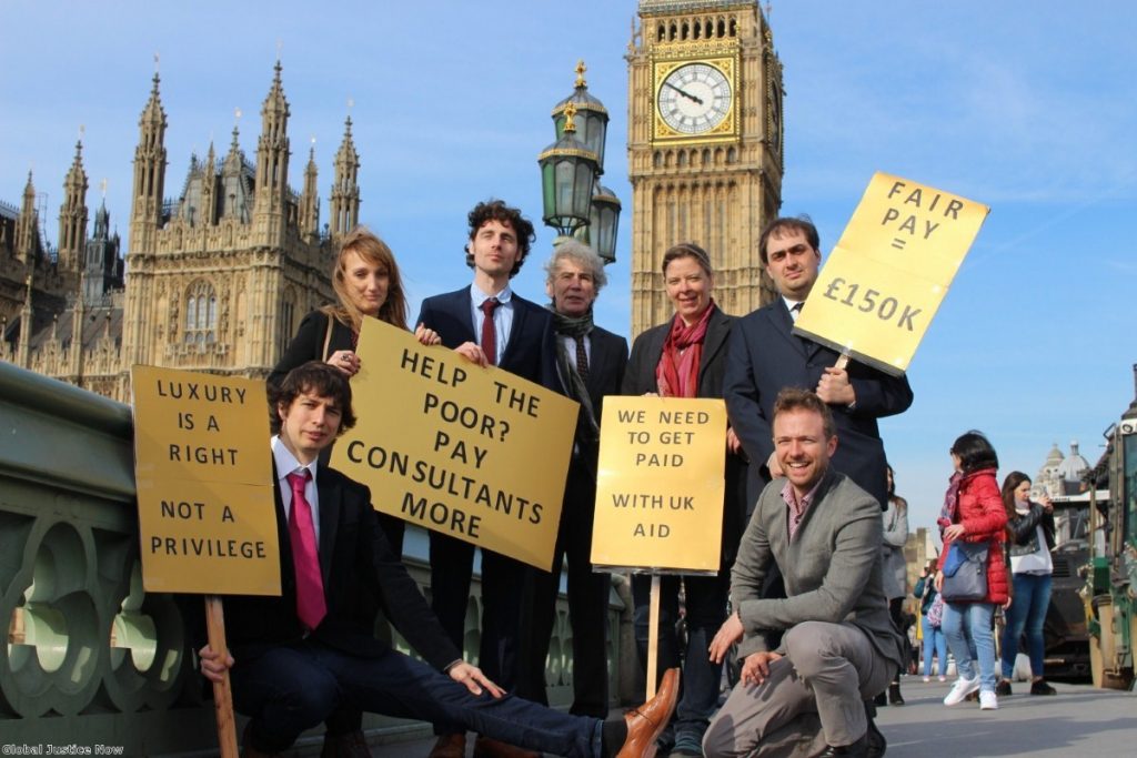 An April Fools Day protest over the privatisation of UK aid 