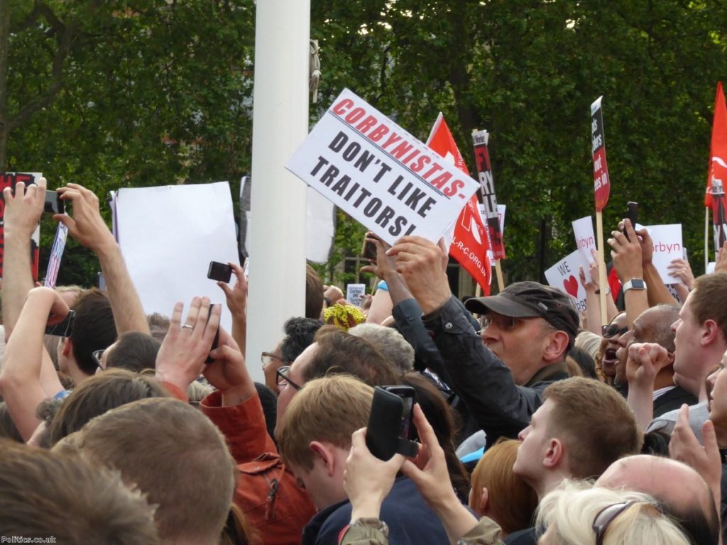 Jeremy Corbyn supporters greet the arrival of the Labour leader