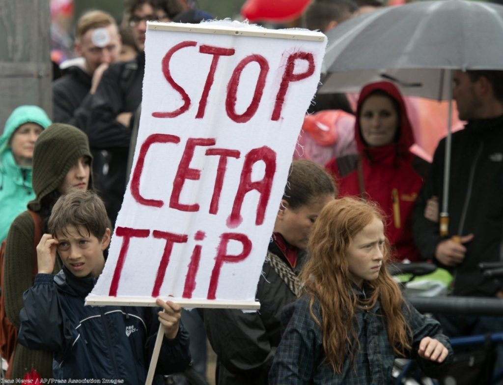 People demonstrate against the TTIP and CETA trade agreements in Germany 