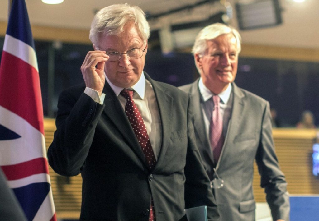 Davis and Barnier emerge for a press conference. This appearance was far less frosty than the last. 