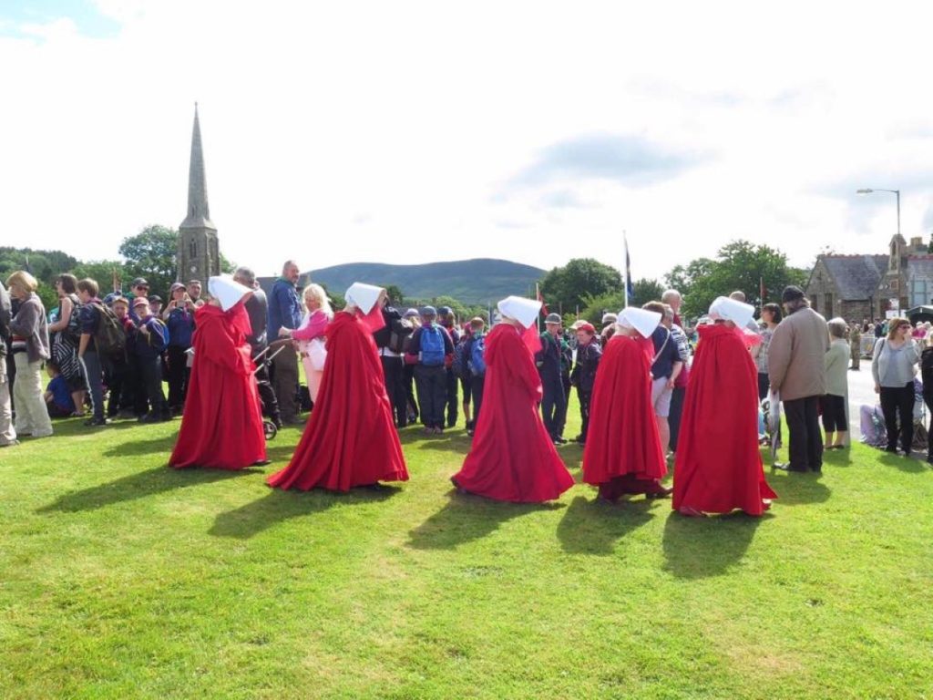 "A group of women protested the current abortion legislation, by dressing as handmaids from Margaret Atwood's novel The Handmaid's Tale."