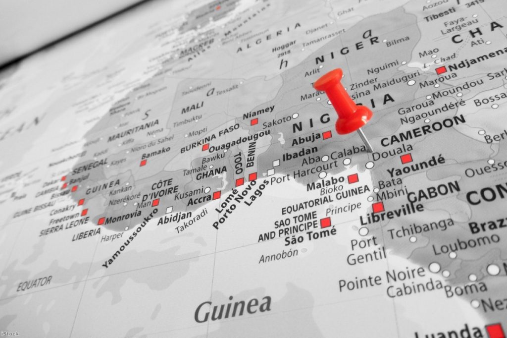 Red marker over Cameroon map | Copyright: iStock