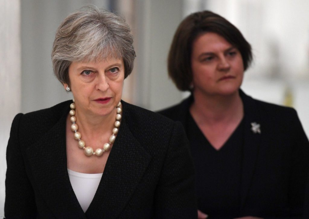 Tied together by weakness: Theresa May and Arlene Foster during a visit to Belleek pottery factory I Copyright: PA 