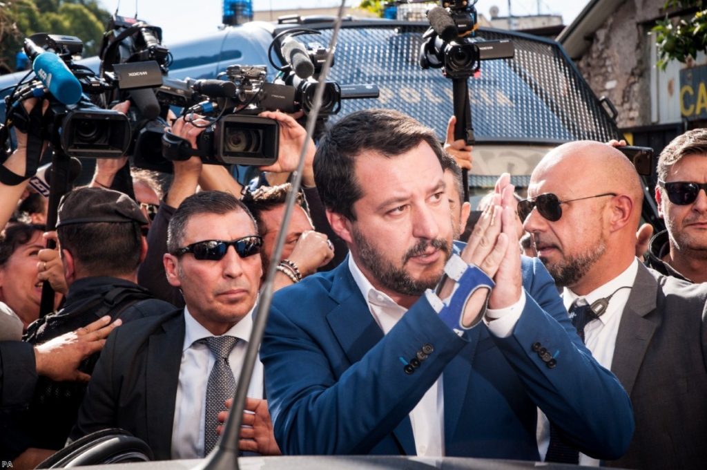 Italian deputy premier Matteo Salvini is greeted by chants of 