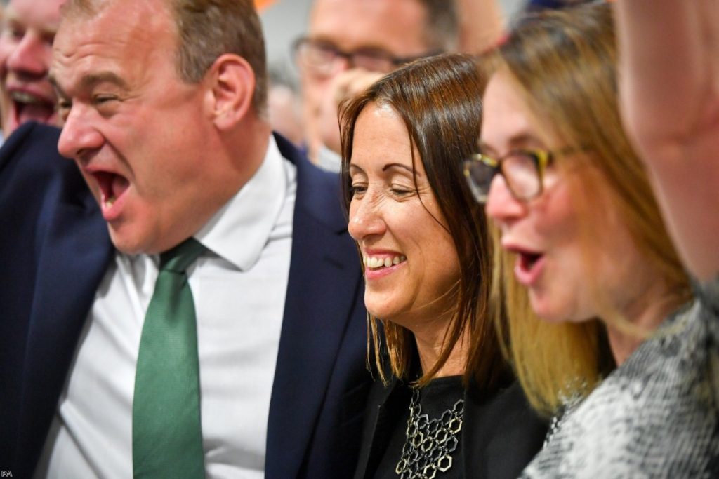 New Lib Dem MP Jane Dodds celebrates with supporters as she wins the the Brecon and Radnorshire by-election 