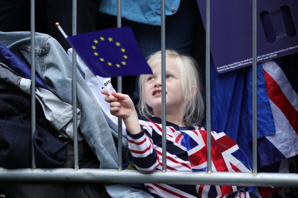 A young protester waves an EU flag at the People