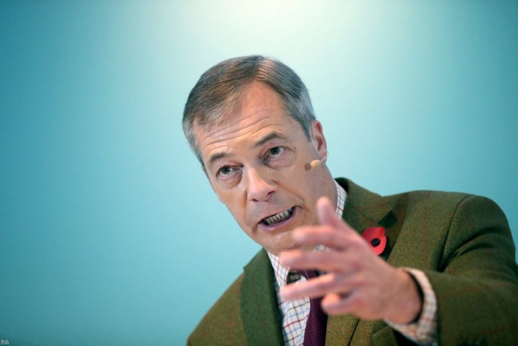 Brexit Party leader Nigel Farage addresses supporters at the Washington Central Hotel in Workington. 