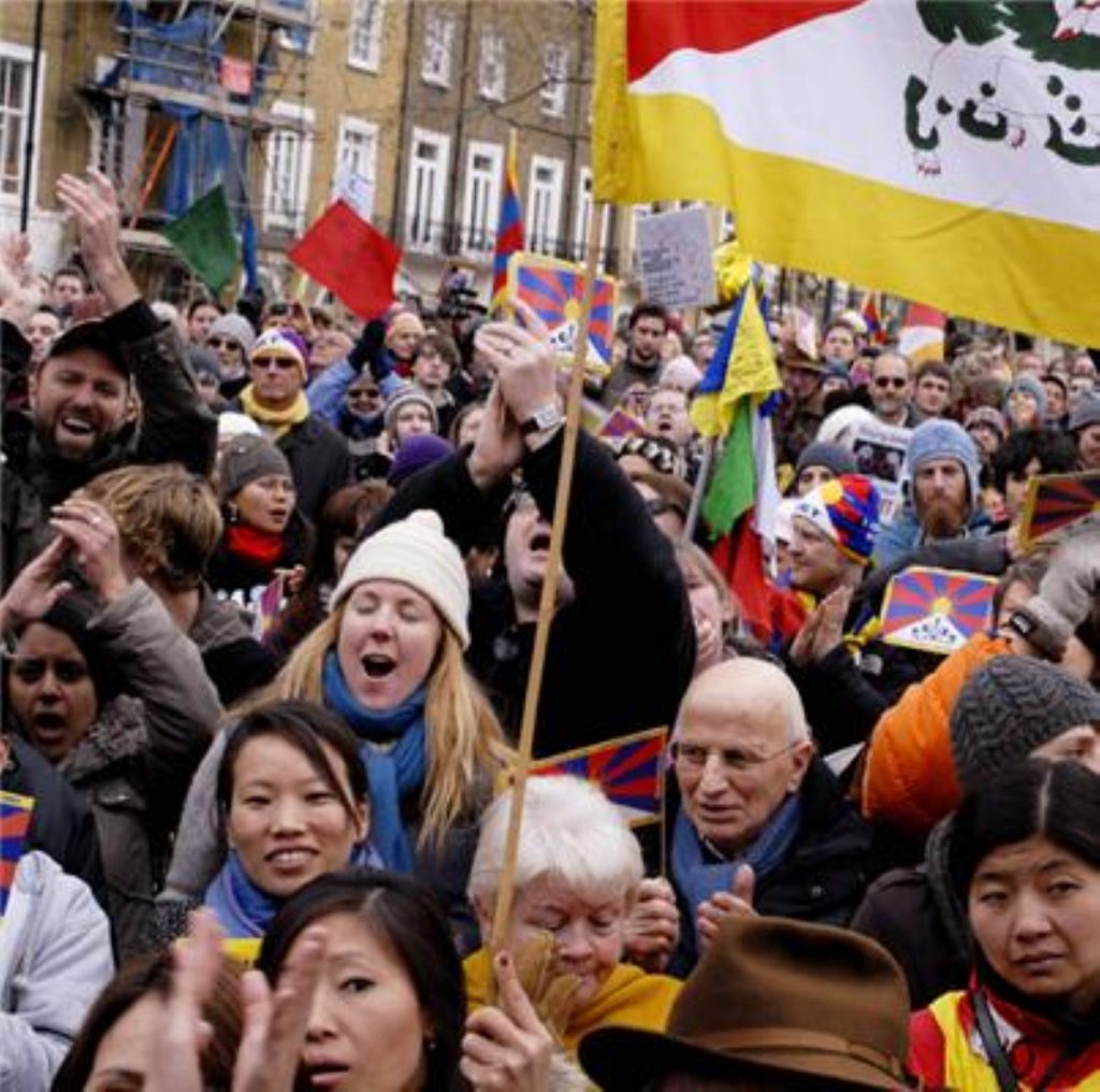 Police altercate with demonstrators during Free Tibet protests last year. Photo taken by Myles Fisher.