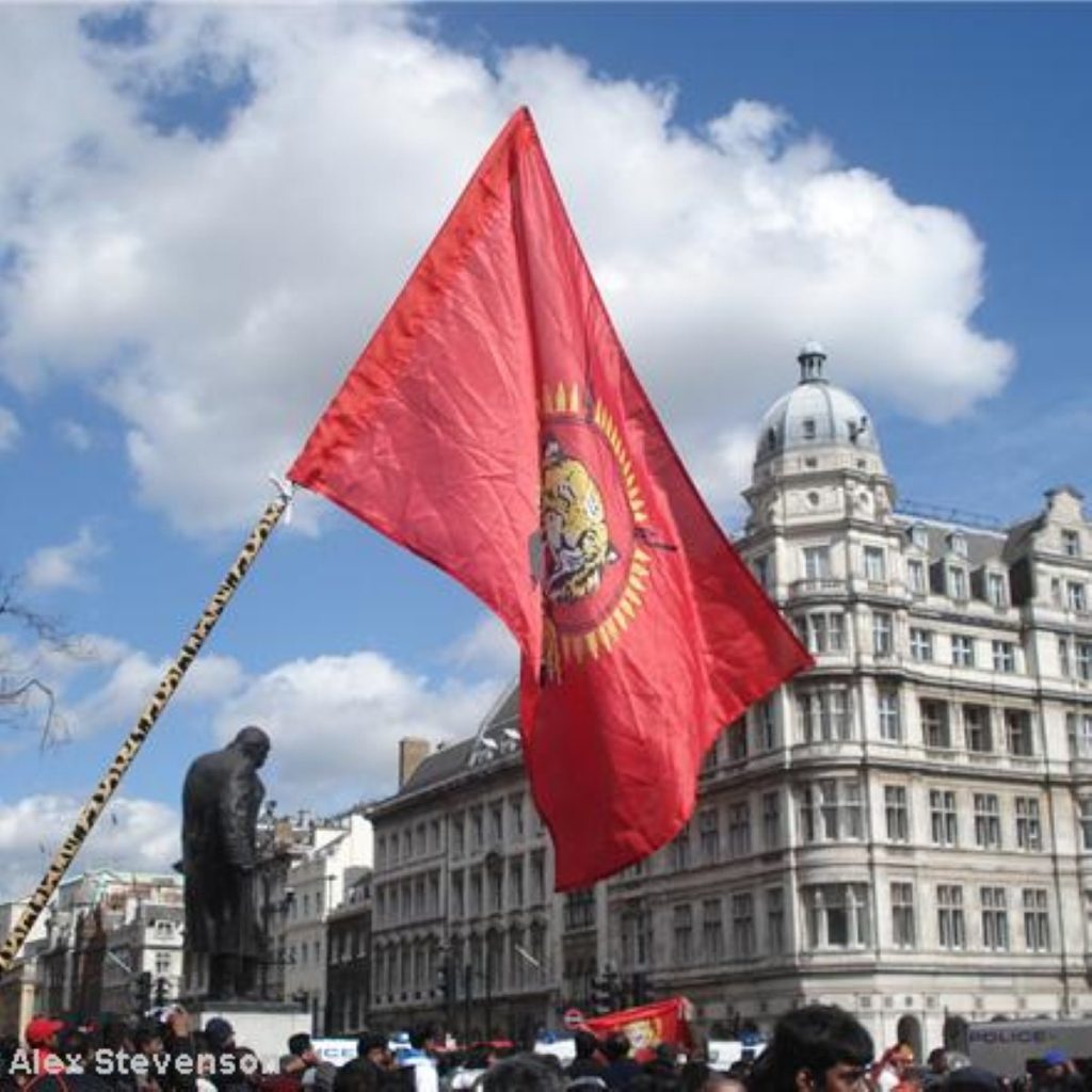 A flag flies high over the Westminster protest