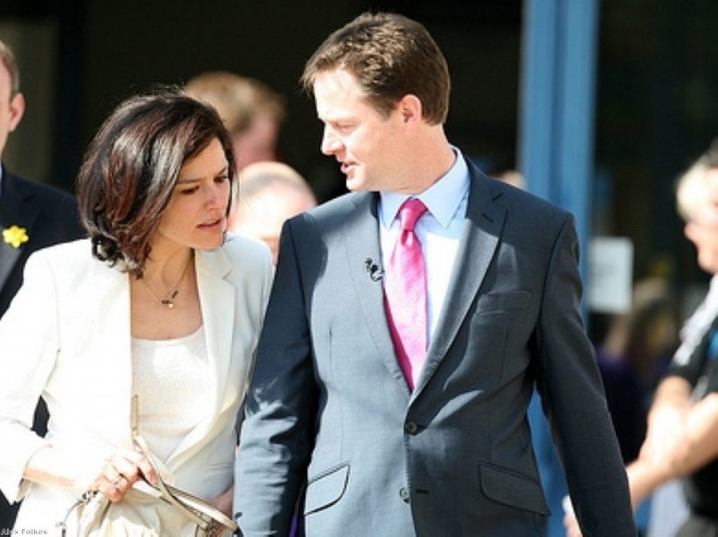 Nick Clegg camaigning with his wife, Miriam Gonzalez Durantez, yesterday