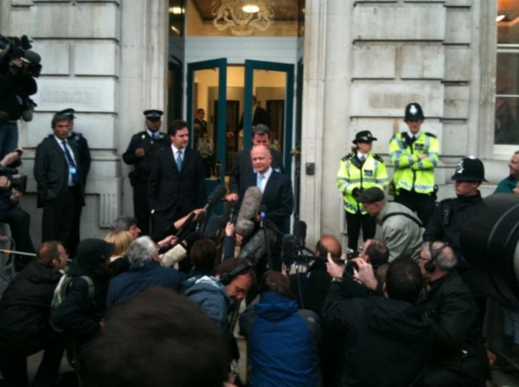 William Hague updates the press outside the Cabinet Office in 2010